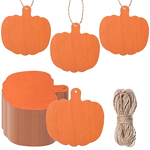 36 Pieces Orange Pumpkin Wood Cutouts Crafts 4Inch Wooden Pumpkin Shaped Hanging Ornaments with Hole Hemp Ropes Gift Tags for Halloween Fall
