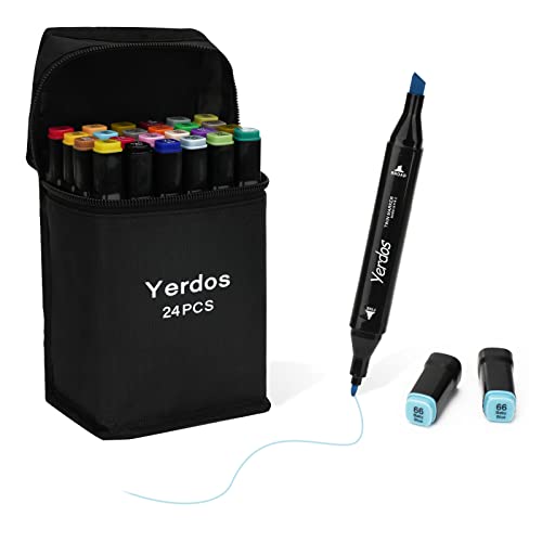 Yerdos 24 Color Alcohol Marker Pens for Coloring Art Markers for Kids, Adults, Duals Tip Marker Set for Coloring sketching Card Making Illustration - WoodArtSupply