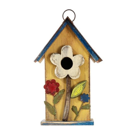 Glitzhome 10.2" H Hanging Bird House for Outdoor Patio Garden Decorative Birdhouse Pet Cottage Distressed Wooden Birdhouse, Yellow Flower glitzhome