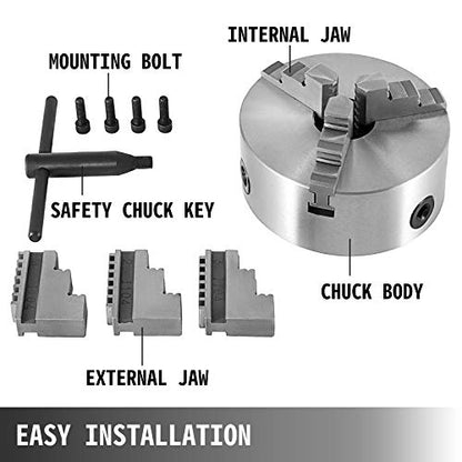 VEVOR K11-100 Lathe Chuck 4",Metal Lathe Chuck Self-centering 3 Jaw,Lathe Chuck With Two Sets Of Jaws, for Grinding Machines Milling Machines - WoodArtSupply