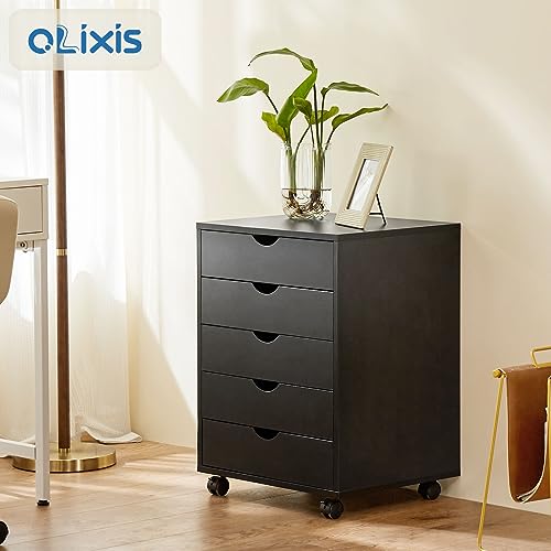 OLIXIS 5 Drawer Chest Wood File Cabinet Rolling Storage Dresser with Wheels for Home Office, Black - WoodArtSupply