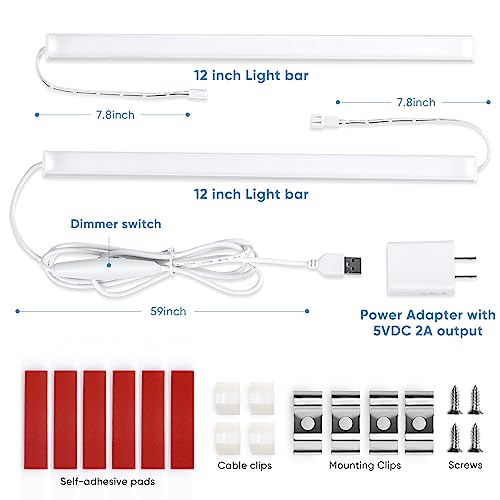 Litever Plug-in Under Cabinet Lighting Kit with Adapter, Dimmer, 2 pcs 12 Inch USB LED Light Strips. Dimmable Linkable for Kitchen Counter, Litever