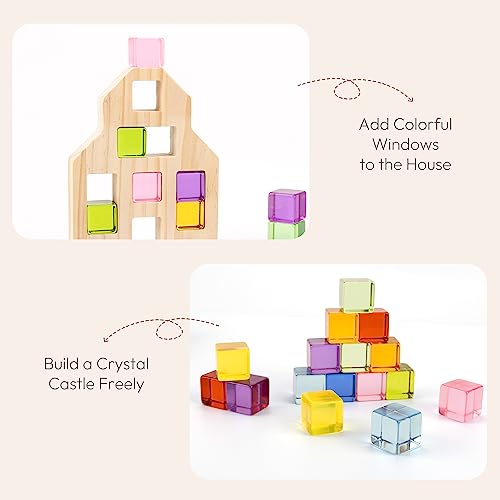 Woodtoe Wooden Building Blocks Set for Kids, 36 PCS Rainbow Acrylic Gem Cubes Blocks - 3 Wood House, Montessori Stacking Toy for Toddlers,