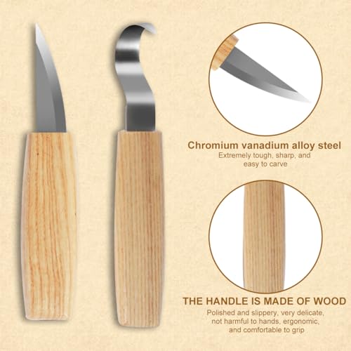 10Pcs Wood Carving Knife Set Beginner Kit, Wooden Handle Carving Cutter Set with Protective Cover, Hand Wood Whittling Kit, Sharp Chrome Vanadium - WoodArtSupply