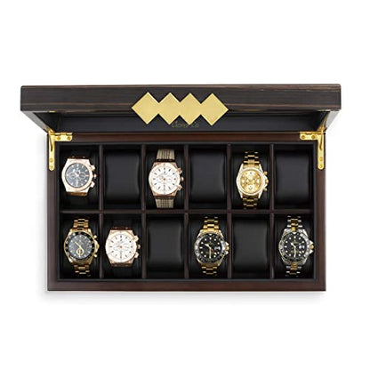 Glenor Co Large 12 Slot Wooden Watch Box For Men - Modern Luxury Case with Gold Buckle & Legs - Glass Display Storage - Mens Organizer - Black - WoodArtSupply