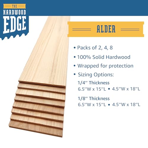 The Hardwood Edge Alder Hardwood Planks - 4-Pack Alder Wood for Unfinished Wood Crafts - 1/8’’ (3mm) 100% Pure Hardwood - Laser Engraving Blanks - THE HARDWOOD EDGE