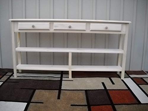 Unfinished 60" Sofa Console, 58"W x 11"D x 30"H Beveled Edge Pine Table w/Shelves (2) and 3 drawers - WoodArtSupply