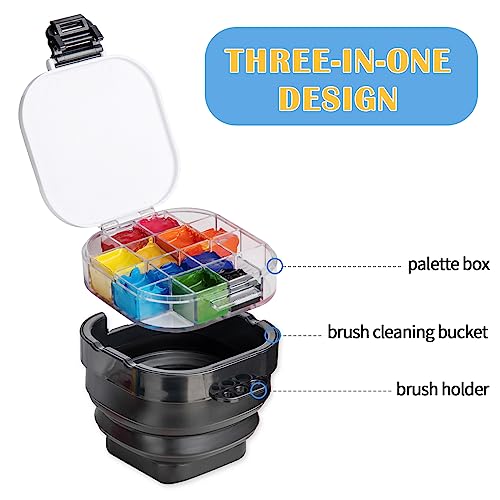 Falling in Art 16 Wells Paint Palette, Airtight Palette Storage Box with Lid and Folding Paint Brush Basin for Watercolor, Gouache and Acrylic Falling in Art