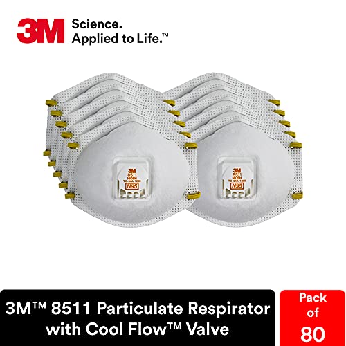 3M 8511 Particulate Disposable Respirator, N95, Pack of 80, Cool Comfort and Fewer Pressure Points with Dual Point Attachment for Grinding, Sanding, 3M Personal Protective Equipment