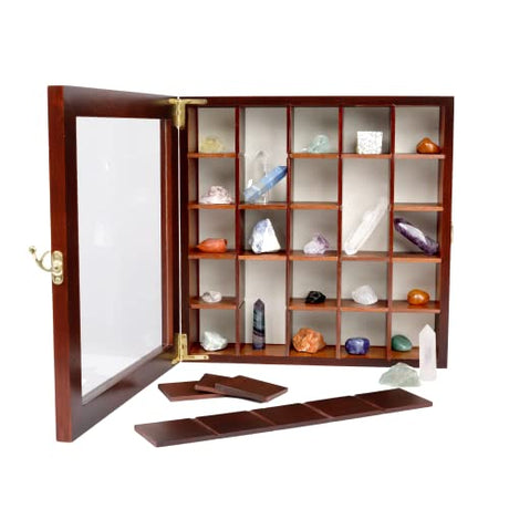 SmartyRocks Adjustable Rock Display Case - Rock Collection Box with Fabric Bed for Rock and Mineral Display - Dark-Finish Shadow Box with Shelves for SmartyRocks