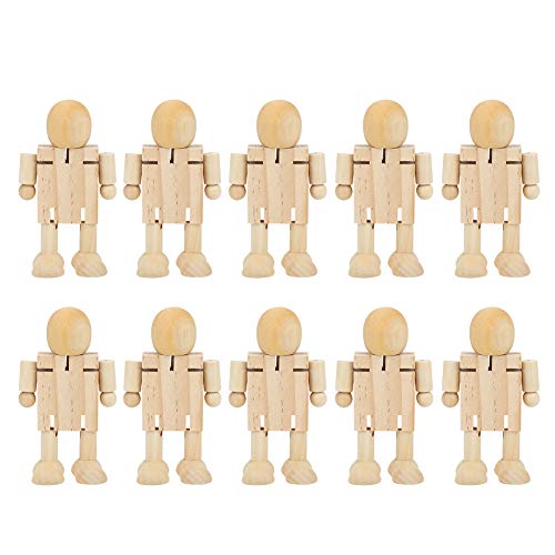 Natudeco 10PCS Toy People Set Unfinished Wood Toys Wooden Craft People Figures Unfinished Wooden Figures Kit Joint Adjustables Robot Paintable Natudeco