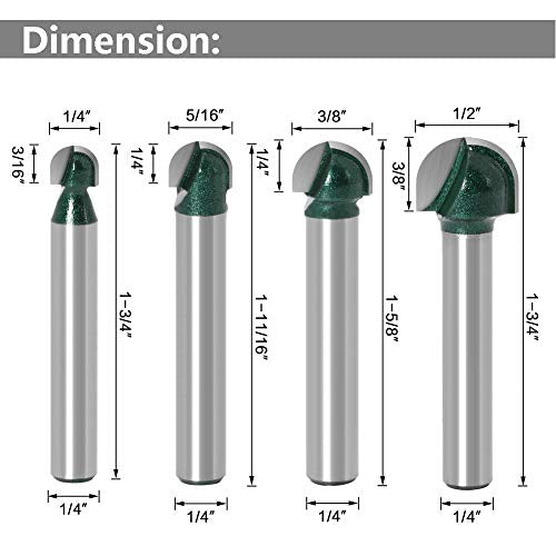 Yakamoz 4Pcs 1/4" Shank Round Nose Router Bit Core Box Router Bits Set Round Groove CNC Sign Making Router Cutter Woodworking Carving Cutting Tool - WoodArtSupply