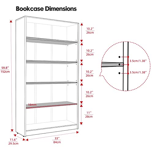 Wood Bookcase 5-Shelf Freestanding Display Wooden Bookshelf for Home Office School (11.6" D*33" W*59.8" H,Grey) - WoodArtSupply