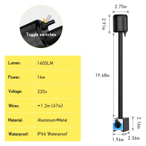 Magnetic Machine Work Light, IP65 Water Proof Flexible Gooseneck Lamp 1000 Lumens 110V for Lathe Milling Drill Press Industrial Lighting - WoodArtSupply