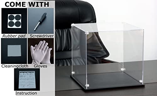 Gemutlich Acrylic Display Case 10 Inch Cube - 3mm Thick Acrylic Display Box with Black Wooden Base, Assemble Dustproof Showcase Clear Display Case Gemutlich