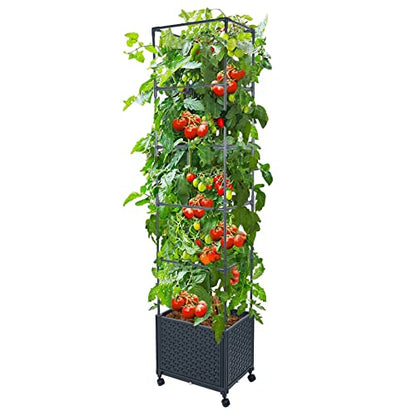 GREEN MOUNT Raised Garden Bed Planter Box with Trellis for Climbing Vegetables Plants, 67.6" Outdoor Tomatoes Planters Tomato Cage w/Wheels - WoodArtSupply