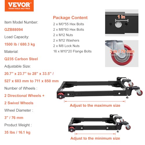 VEVOR Adjustable Universal Mobile Base 1500 LBS Load-Bearing Capacity Heavy-Duty Mobile Base Rolling Mobile Base with Locking Levers, Used for VEVOR
