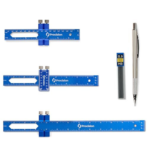 Procision Woodworking Ruler, Set of 3 (12, 8, 6 Inch), Precise Woodworking Pocket Ruler with Extra Wide 2" Sliding Attachment, Slide Rule T-Type Eleon