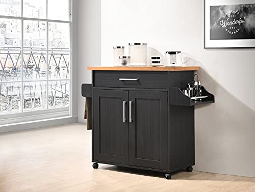 Hodedah Kitchen Island with Spice Rack, Towel Rack & Drawer, Black with Beech Top Hodedah