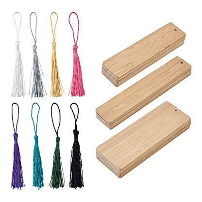 Craftdady 24pcs Blank Wooden Bookmarks Unfinished Rectangle Bamboo Book Marks with Colorful Tassels for DIY Bookmarks Hanging Tags Ornaments