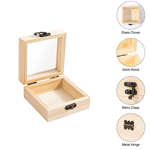 Useekoo 2Pcs Small Wooden Box with Hinged Lid, 3.5'' x 3.5'' x 1.8'' Unfinished Wood Gift Box with Glass Lid, Small Wooden Jewelry Box for DIY and