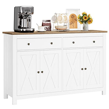 FOTOSOK Sideboard Buffet Cabinet with Storage, 55" Large Kitchen Storage Cabinet with 2 Drawers and 4 Doors, Wood Coffee Bar Cabinet Buffet Table