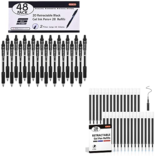 Shuttle Art School & Work Supplies Bundle, 48 Pack Black Retractable Gel Pens + 30 Pack Black Retractable Gel Pen Refills 0.7mm Fine Point for - WoodArtSupply