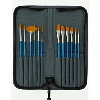 U.S.Art Supply 12-Piece Short Handle Nylon Hair Artist Paint Brush Set Blue Handle with Carry Case