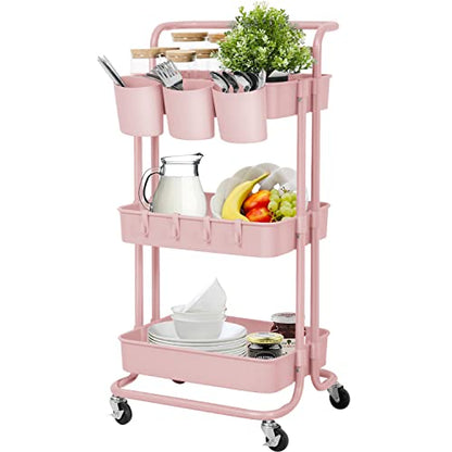 LEZIOA 3 Tier Rolling Cart, Ajustable Art Craft Cart Organizer on Wheels, Metal Utility Storage Cart with Handle for Kitchen Bathroom, Mobile