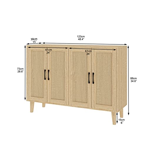 Panana Buffet Storage Cabinet with Rattan Decorating 4 Doors Living Room Kitchen Sideboard 48.43 x 34.65 x 15 inch (Natural Wood) Panana