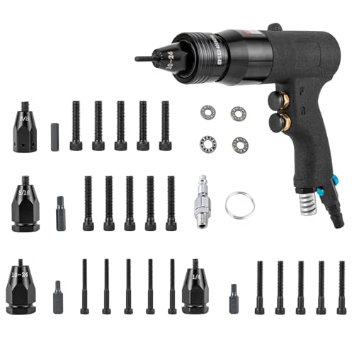 TFCFL Pneumatic Rivet Gun with 10-24", 1/4", 5/16", 3/8" Gun Head, Air Rivet Nut Tool Kit 1/4" Air Inlet with 20 Mandrels Riveting Gun Kit, 400rpm TFCFL