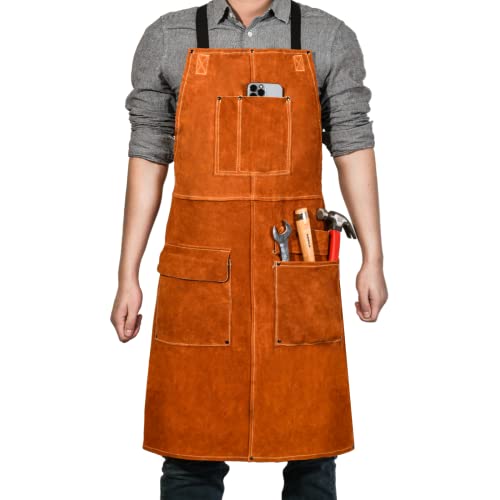 Leather Welding Work Apron,Woodworking Shop Apron,Heat Resistant & Flame Resistant Bib Apron, Flame Retardant Heavy Duty BBQ Apron, Adjustable Fit LeaSeek