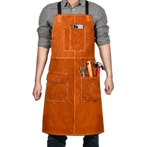 Leather Welding Work Apron,Woodworking Shop Apron,Heat Resistant & Flame Resistant Bib Apron, Flame Retardant Heavy Duty BBQ Apron, Adjustable Fit - WoodArtSupply