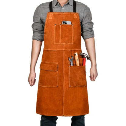 Leather Welding Work Apron,Woodworking Shop Apron,Heat Resistant & Flame Resistant Bib Apron, Flame Retardant Heavy Duty BBQ Apron, Adjustable Fit - WoodArtSupply