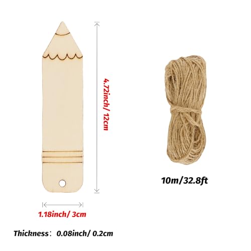 Whaline 50Pcs Back to School DIY Craft Cutout Wooden Pencil Shaped Hanging Ornaments with Hemp Rope for First Day of School Classroom Party Whaline