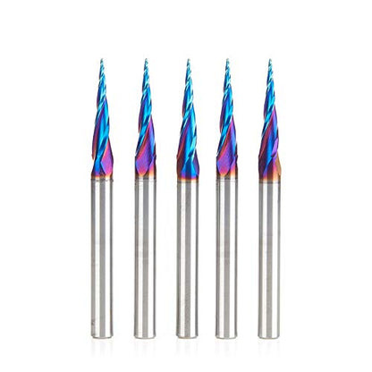 Amana Tool 46280-K-5 5-Pc CNC Solid Carbide Spektra Extreme Tool Life Coated Tapered Spiral 2D/3D Carving 1/32 Dia x 1/4 Inch SHK Router Bit Pack - WoodArtSupply