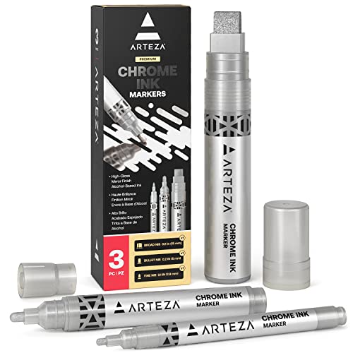 ARTEZA Mirror Chrome Marker Set – 3 Pack, 2.9mm, 5mm & 15mm Nibs, Hi-Gloss Silver Metallic Pens for Eye-Catching Art on Various Surfaces – - WoodArtSupply