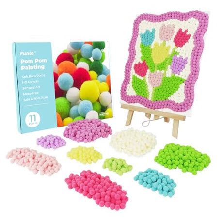 Funto Tulip Pom Pom Painting Art Kit, 1100+ pom poms, Canvas and Sturdy Easel for Home Decor, Suitable for Kids and Adults DIY Painting, Perfect Funto
