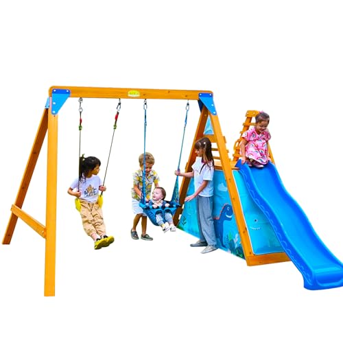 SuniBoxi Playground Swing Sets for Backyard for Kids, Wooden Playground Sets for Backyards with 2 Swings, a Big Wave Slide, Climbing Wall, Kids - WoodArtSupply