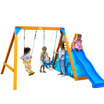 SuniBoxi Playground Swing Sets for Backyard for Kids, Wooden Playground Sets for Backyards with 2 Swings, a Big Wave Slide, Climbing Wall, Kids - WoodArtSupply