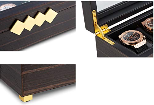 Glenor Co Large 12 Slot Wooden Watch Box For Men - Modern Luxury Case with Gold Buckle & Legs - Glass Display Storage - Mens Organizer - Black - WoodArtSupply