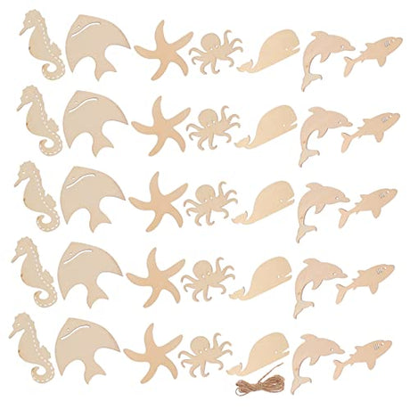 TEHAUX 70pcs Marine Animal Wood Chips Under The Octopus Cutouts Unfinished Wooden Slices Wood Sea Animals Cutouts Ocean Party Favor Unfinished Wooden TEHAUX