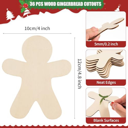 36 Pcs Gingerbread Man Wood Cutouts Unfinished Wooden Gingerbread Men Shapes Cut Outs Blank Wood Christmas Cutouts Wood Xmas Ornaments Slices for DIY