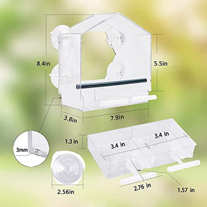 Fubullish Window Bird Feeder, Large Bird House Feeders for Outside with 4 Strong Suction Cups & 2 Extra Bird Stands, Removable Tray and Drain Holes, - WoodArtSupply