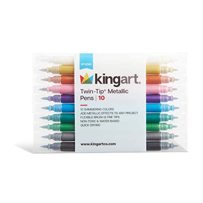 KINGART 404-10 Twin-Tip Metallic Pens, Set of 10 Vivid Colors, Double-ended Brush Tip and Fine Tip, Non-Toxic, Quick Drying, Water-based Ink for