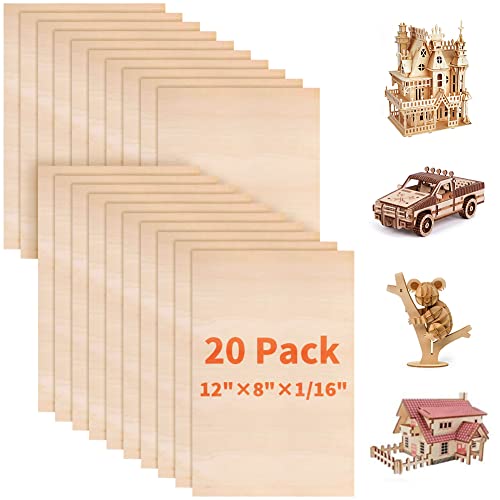 Wortade 20 Pack 12"x 8"Inch Basswood Sheets 1/16 Thin Craft Plywood Sheets, Plywood Board Thin Wood Board Sheets Unfinished Wood Boards for Crafts, - WoodArtSupply