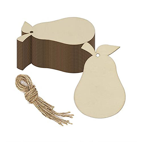 JANOU 20pcs Pear Shape Unfinished Wood Cutouts DIY Crafts Blank Hanging Gift Tags Ornaments with Ropes for Summer Fruit Theme Party Decoration, JANOU