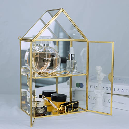 Wall Glass Cabinet Display for Perfume, Small Glass Display Curio Cabinets with Doors Wall Mounted, 2 Tiered Small Gold Curio Cabinet with Mirror