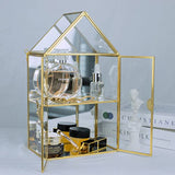 Wall Glass Cabinet Display for Perfume, Small Glass Display Curio Cabinets with Doors Wall Mounted, 2 Tiered Small Gold Curio Cabinet with Mirror Smilkat