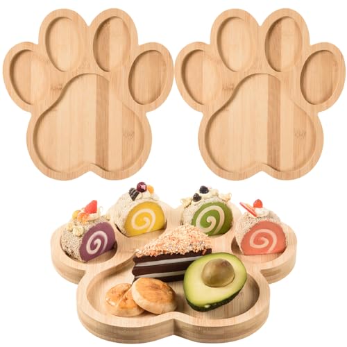2 Pack Paw Shaped Bamboo Serving Tray with 5 Grooves Wooden Dog Paw Snack Platters Bamboo Charcuterie Board Wood Candy Dish Bowl for Holiday Dog